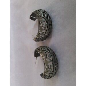Vintage Silver-Tone Floral Engraved Hoop Earrings